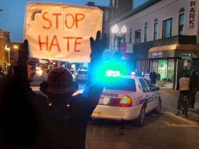 Demonstrators outside Mr. Hetero event, photo by Kevin Ksen from Indymedia