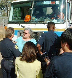 Liza Apper blocks a garbage truck in Fresno