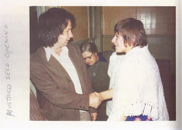 Opening night at the Mustard Seed, March 25, 1974. Left to right: Father  Frank Scollen; Jeanette Noel; Geri DiNardo.